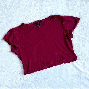 Forever 21 Red / Maroon Ribbed Lettuce Hemmed Short Sleeve Crop Top